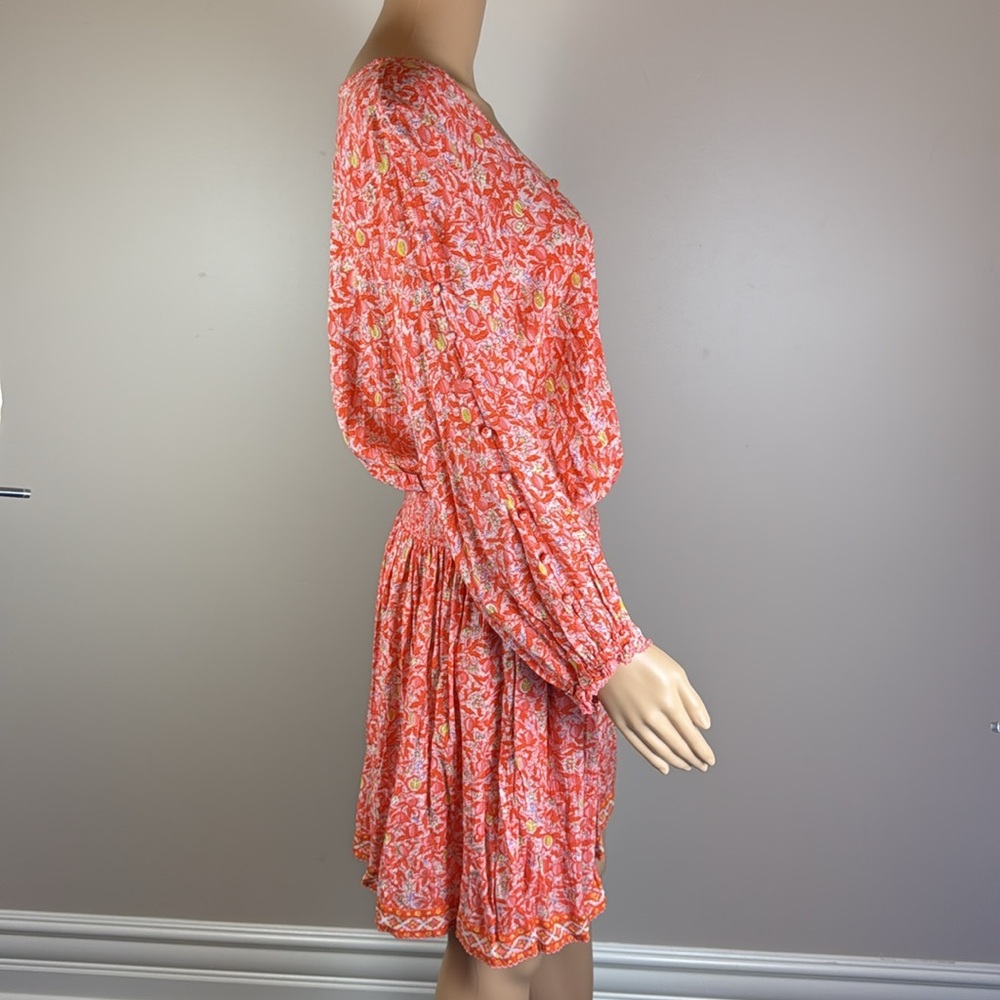 Poupette St. Barth Orange Printed Smocked Mini Dress Size L NWT - Picture 3 of 7